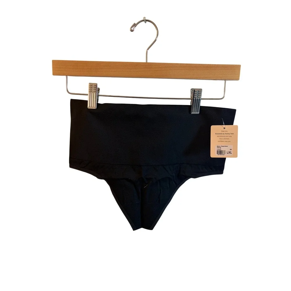 Essentials by Tummy Tank Nylon Seamless Thong Black High Waist Shapewear S/M - Picture 1 of 4